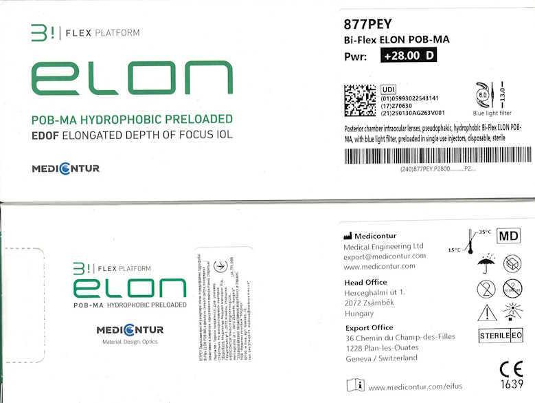 Задньокамерні ІОЛ, псевдофакічні, гідрофобні Bi-Flex ELON POB-MA, з фільтром синього світла, попередньо завантажені в інжектори, однор. використання, стерильні